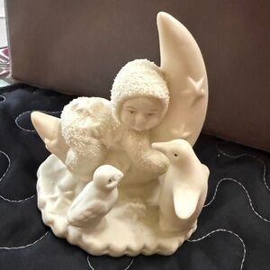 Snowbaby on crescent moon with Tucan & Penguin